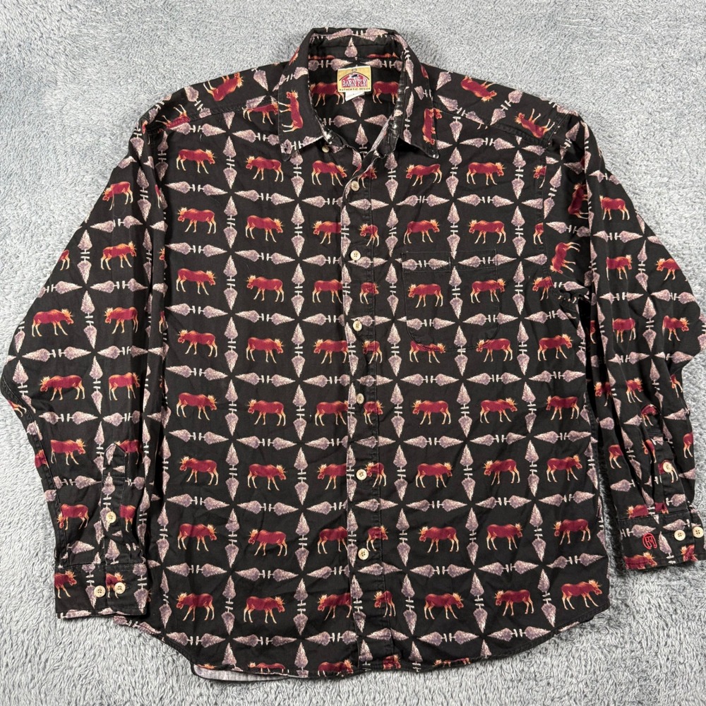 Vintage Barn Fly Button Down Shirt Mens Medium Moose Arrowhead Print USA Made